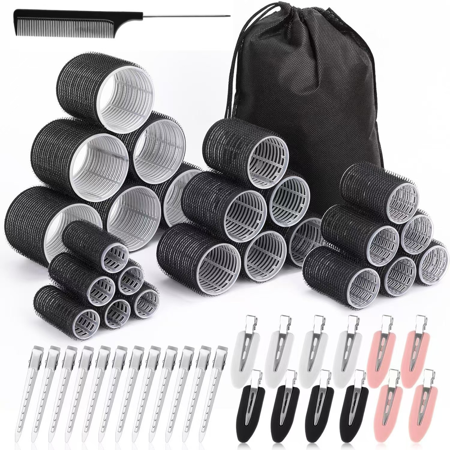 Black 50-Piece Pink Plastic Hair Rollers Set with Clips and Storage Bag for At-Home Styling – Multi-Size Curlers for Voluminous Curls, Waves and Bangs - Image 1