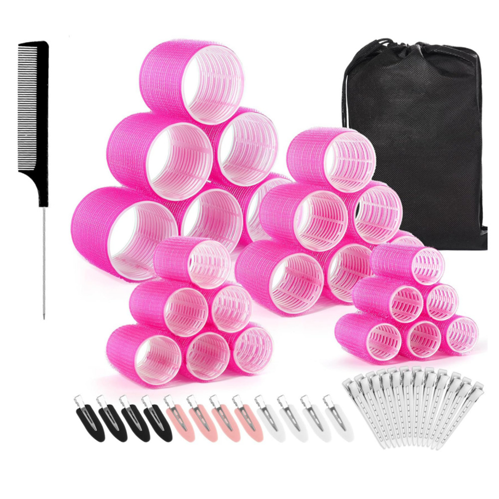 Rose red 50-Piece Pink Plastic Hair Rollers Set with Clips and Storage Bag for At-Home Styling – Multi-Size Curlers for Voluminous Curls, Waves and Bangs - Image 1