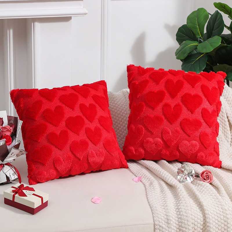 2-PCS Red 45x45cm Heart Pattern Plush Pillow Cover with Insert – Soft Textured Decorative Cushion for Living Room or Bedroom - Image 1