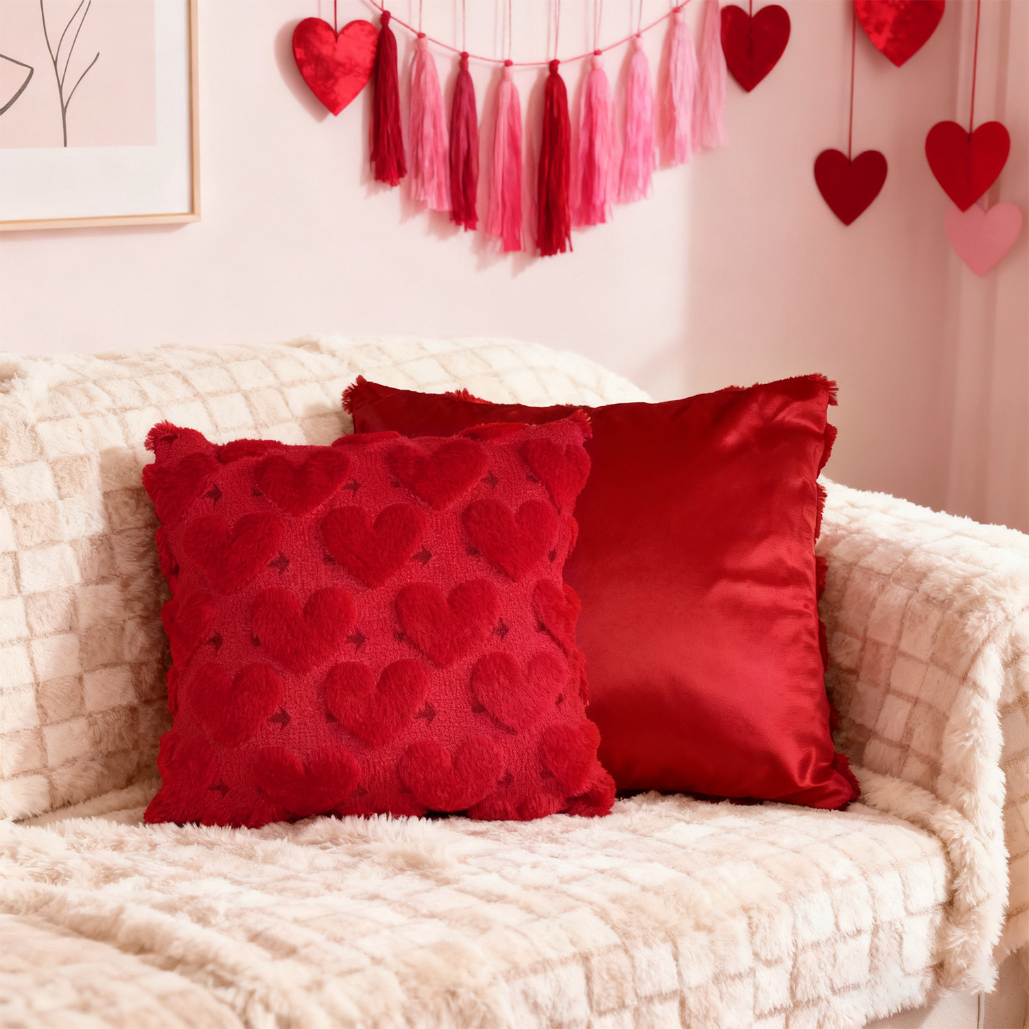 2-PCS Red arrow 45x45cm Heart Pattern Plush Pillow Cover with Insert – Soft Textured Decorative Cushion for Living Room or Bedroom - Image 1