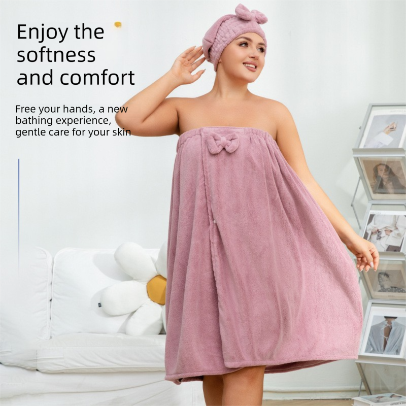 Pink Plus Size Bath Wrap Dress with Adjustable Elastic Waist and Bow Detail – Soft Absorbent Towel Robe for Post-Shower Comfort - Image 3