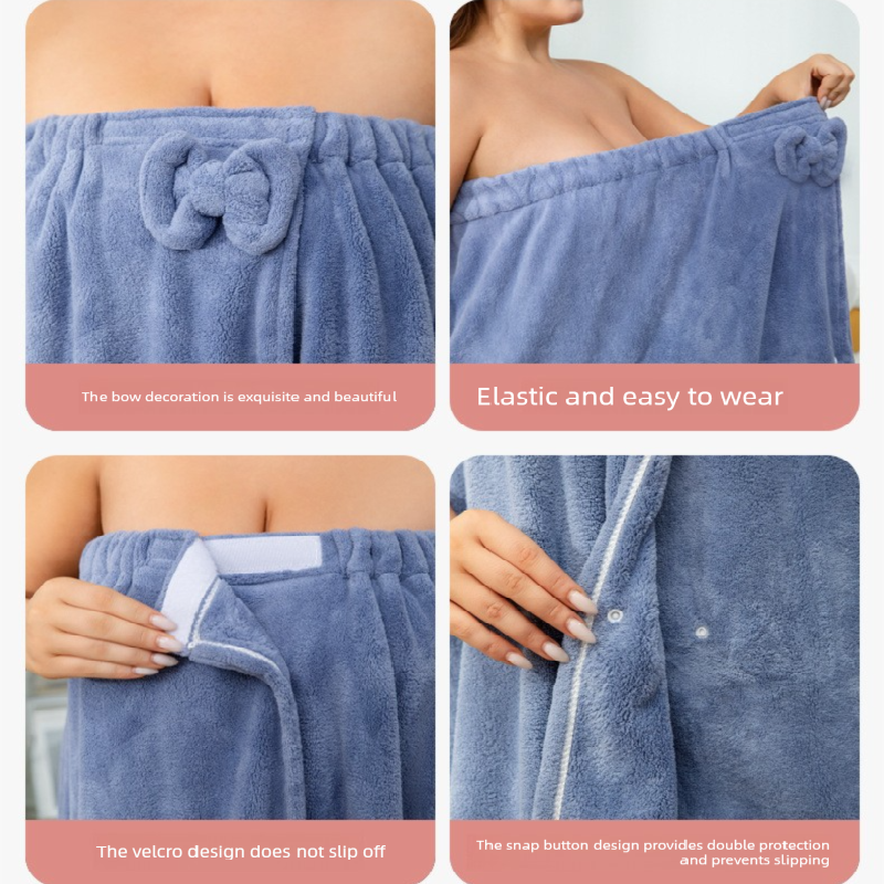 Blue Plus Size Bath Wrap Dress with Adjustable Elastic Waist and Bow Detail – Soft Absorbent Towel Robe for Post-Shower Comfort - Image 5