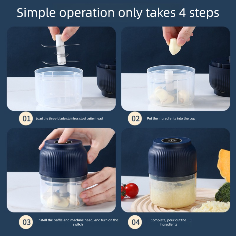 2-Leaf blade White Wireless Electric Garlic Chopper 300ml Portable Mini Food Processor USB Rechargeable for Baby Food and Dipping Sauce Essential Local Kitchen Tool - Image 5