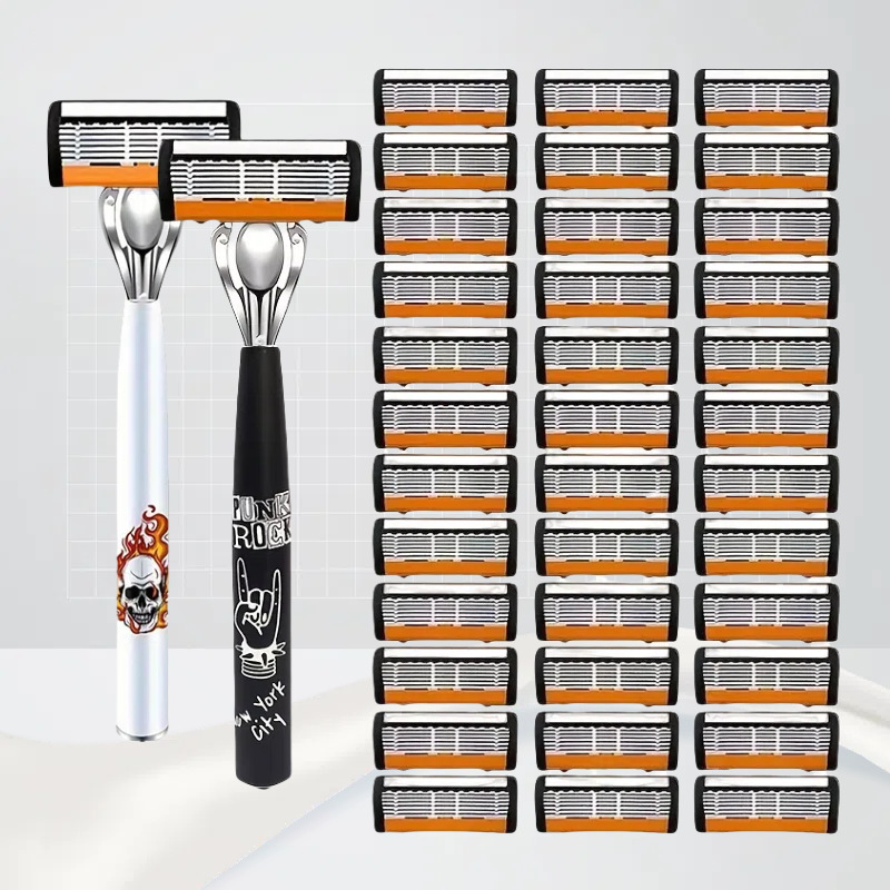 2-Pack 6-Layer Manual Razor with 36 Replacement Blades – Ultra-Close Shave for Men, Stainless Steel Handle with One-Click Blade Change - Image 1