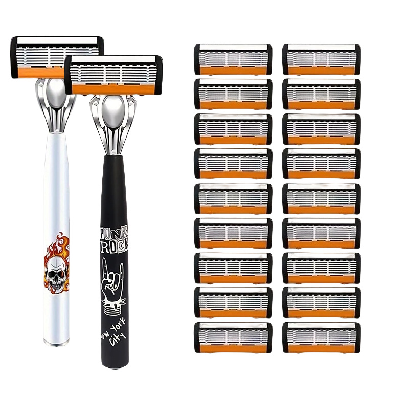 2-Pack 6-Layer Manual Razor with 18 Replacement Blades – Ultra-Close Shave for Men, Stainless Steel Handle with One-Click Blade Change - Image 1