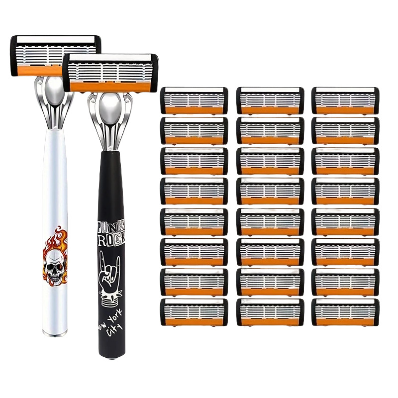 2-Pack 6-Layer Manual Razor with 24 Replacement Blades – Ultra-Close Shave for Men, Stainless Steel Handle with One-Click Blade Change - Image 1