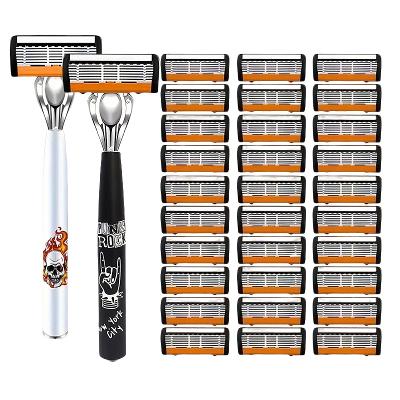 2-Pack 6-Layer Manual Razor with 30 Replacement Blades – Ultra-Close Shave for Men, Stainless Steel Handle with One-Click Blade Change - Image 1