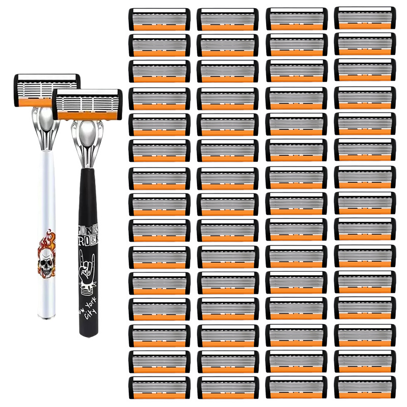 2-Pack 6-Layer Manual Razor with 60 Replacement Blades – Ultra-Close Shave for Men, Stainless Steel Handle with One-Click Blade Change - Image 1