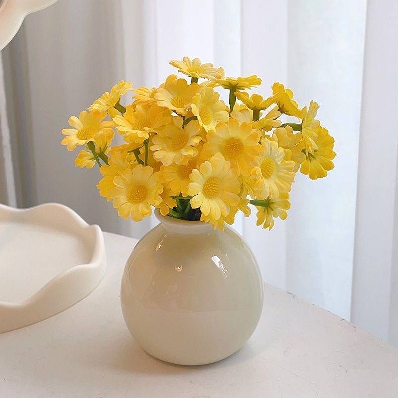Ceramic Vase with Artificial Flowers Set – Mini Decorative Pot for Home Living Room or Desk Display(White vase with yellow daisies) - Image 1