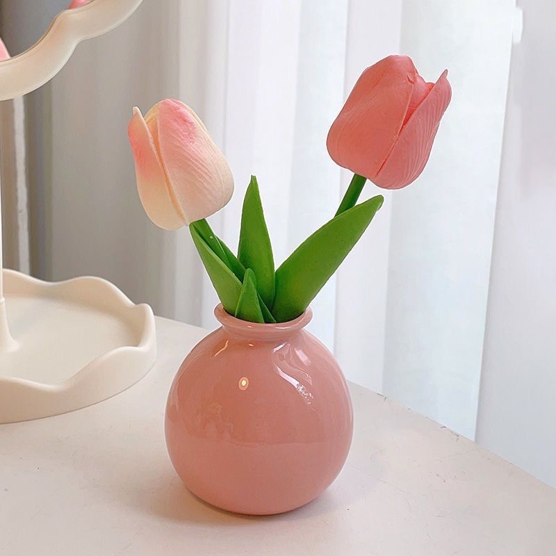 Ceramic Vase with Artificial Flowers Set – Mini Decorative Pot for Home Living Room or Desk Display(Dark pink vase and tulips) - Image 1