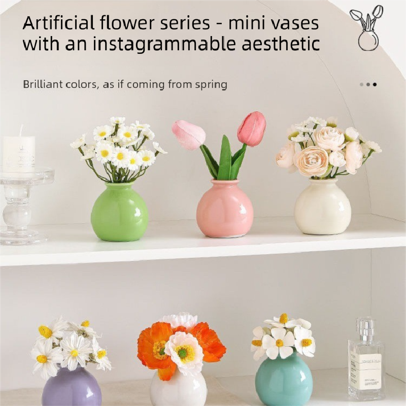 Ceramic Vase with Artificial Flowers Set – Mini Decorative Pot for Home Living Room or Desk Display(Dark pink vase and tulips) - Image 4