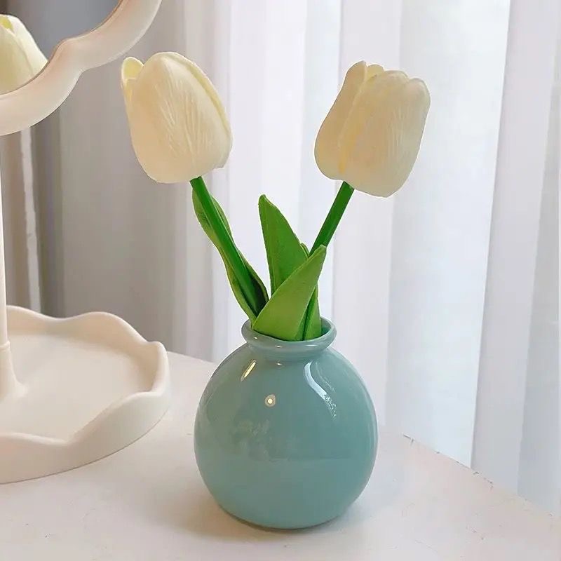 Ceramic Vase with Artificial Flowers Set – Mini Decorative Pot for Home Living Room or Desk Display(Blue bottle and white tulips) - Image 1