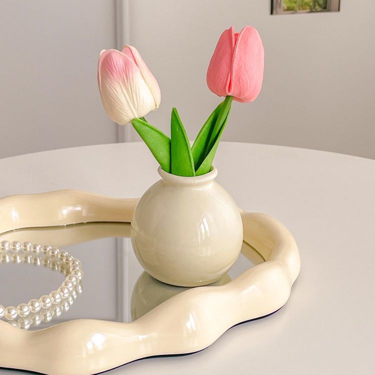 Ceramic Vase with Tulip Artificial Flowers Set – Mini Decorative Pot for Home Living Room or Desk Display - Image 1