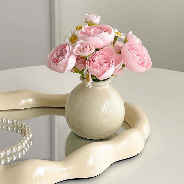 Ceramic Vase with camellia bud Artificial Flowers Set – Mini Decorative Pot for Home Living Room or Desk Display - Image 1