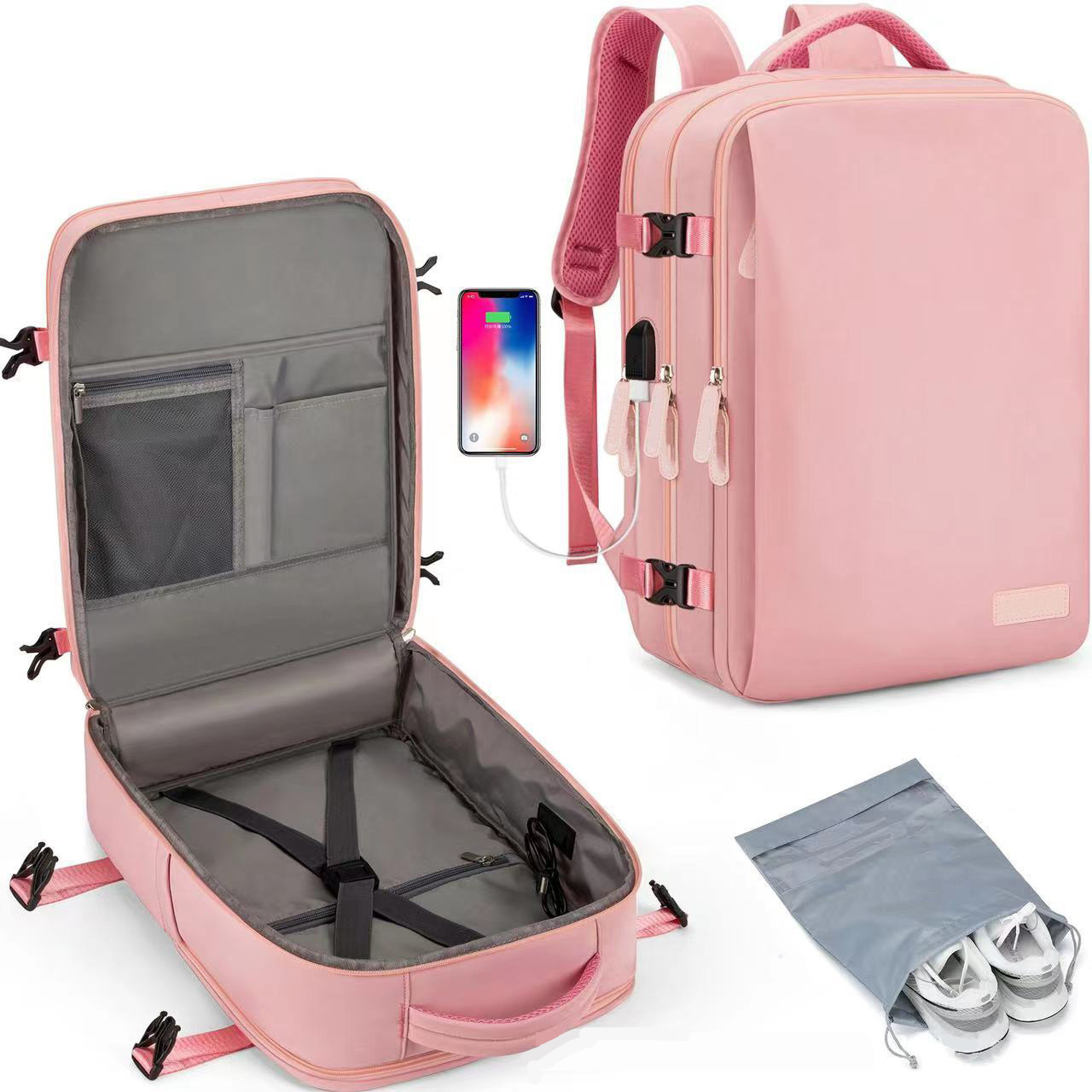 Pink Large Capacity Backpack with USB Charging Port and Waterproof Fabric for Travel Work and Daily Use - Image 1