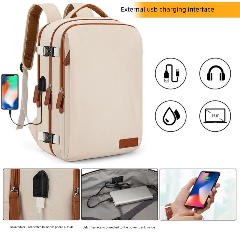 Pink Large Capacity Backpack with USB Charging Port and Waterproof Fabric for Travel Work and Daily Use - Image 3