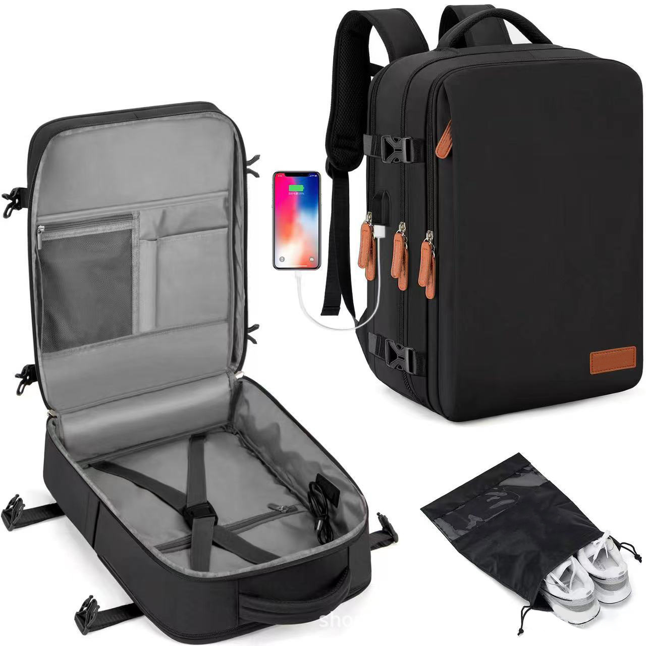 Black Large Capacity Backpack with USB Charging Port and Waterproof Fabric for Travel Work and Daily Use - Image 1