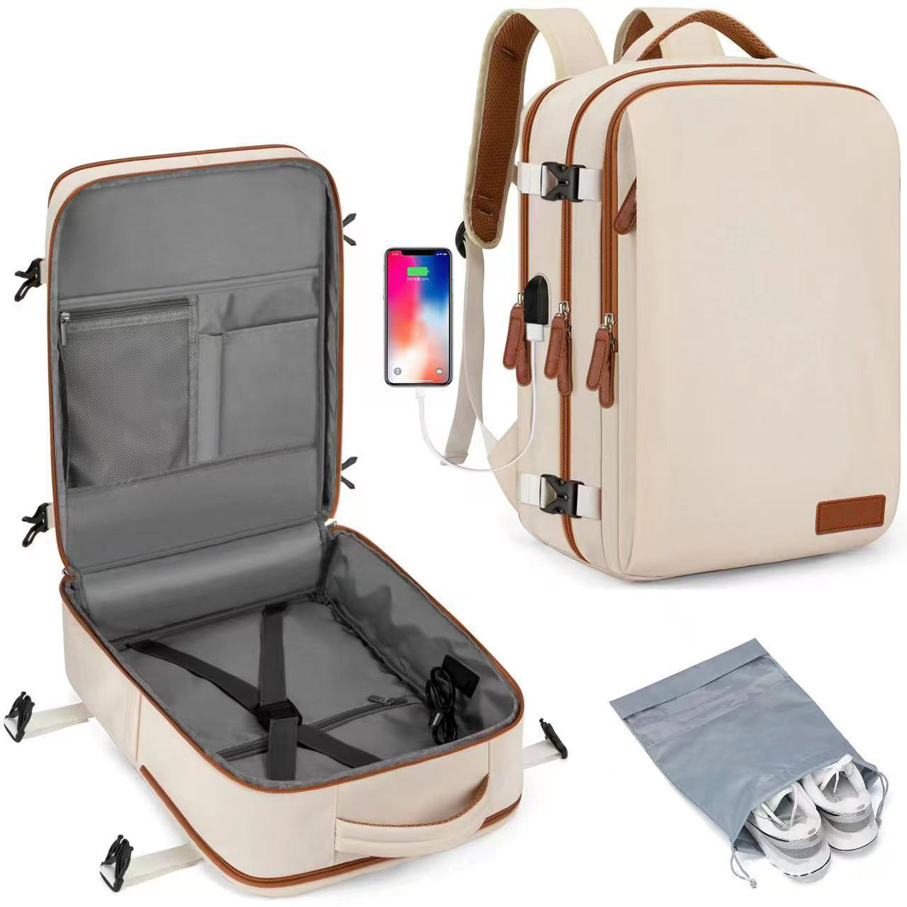 Beige Large Capacity Backpack with USB Charging Port and Waterproof Fabric for Travel Work and Daily Use - Image 1
