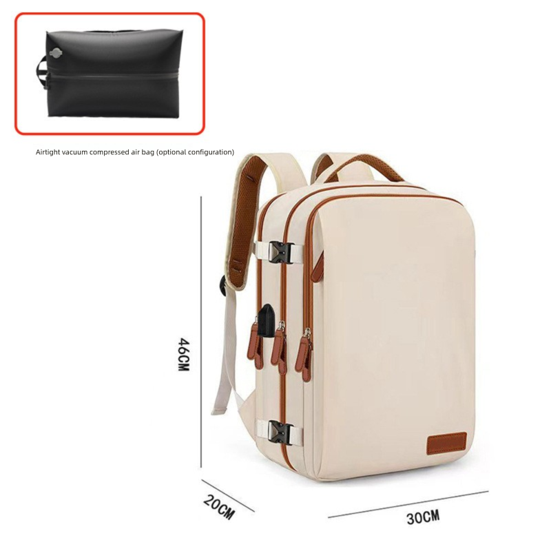 Beige Large Capacity Backpack with USB Charging Port and Waterproof Fabric for Travel Work and Daily Use - Image 5