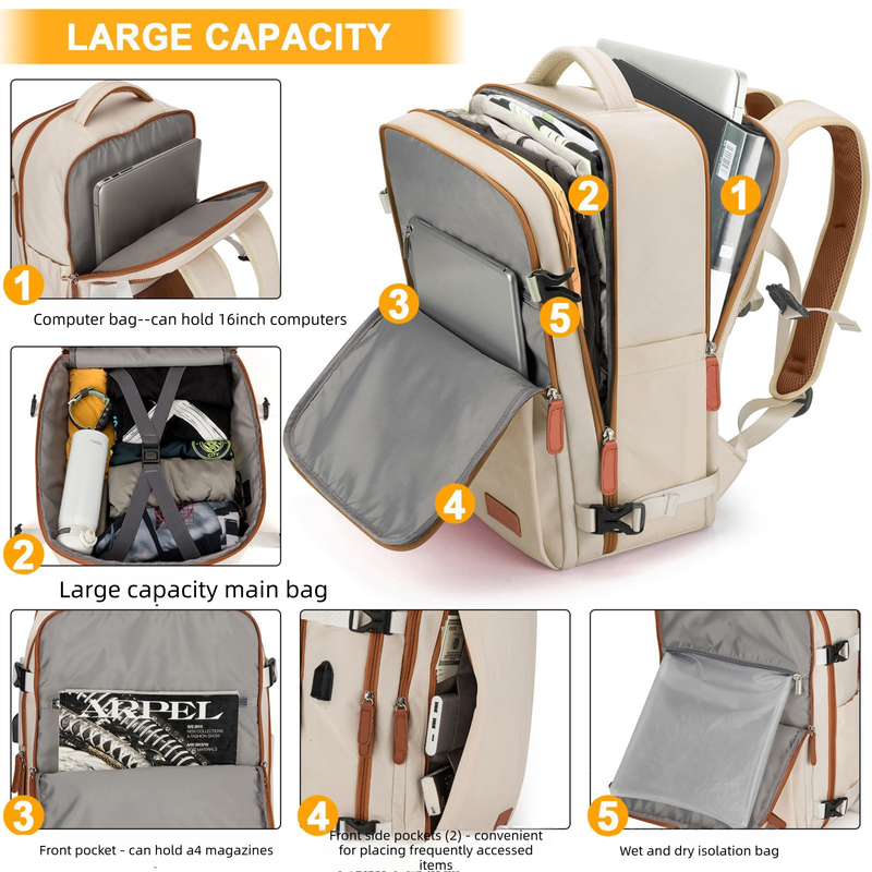 Blue Large Capacity Backpack with USB Charging Port and Waterproof Fabric for Travel Work and Daily Use - Image 4