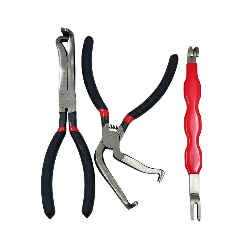 Black and red 3 Piece Automotive Wire Connector Removal Tool Set with Straight Bent and Dual End Pliers for Electrical Harness Disassembly - Image 1