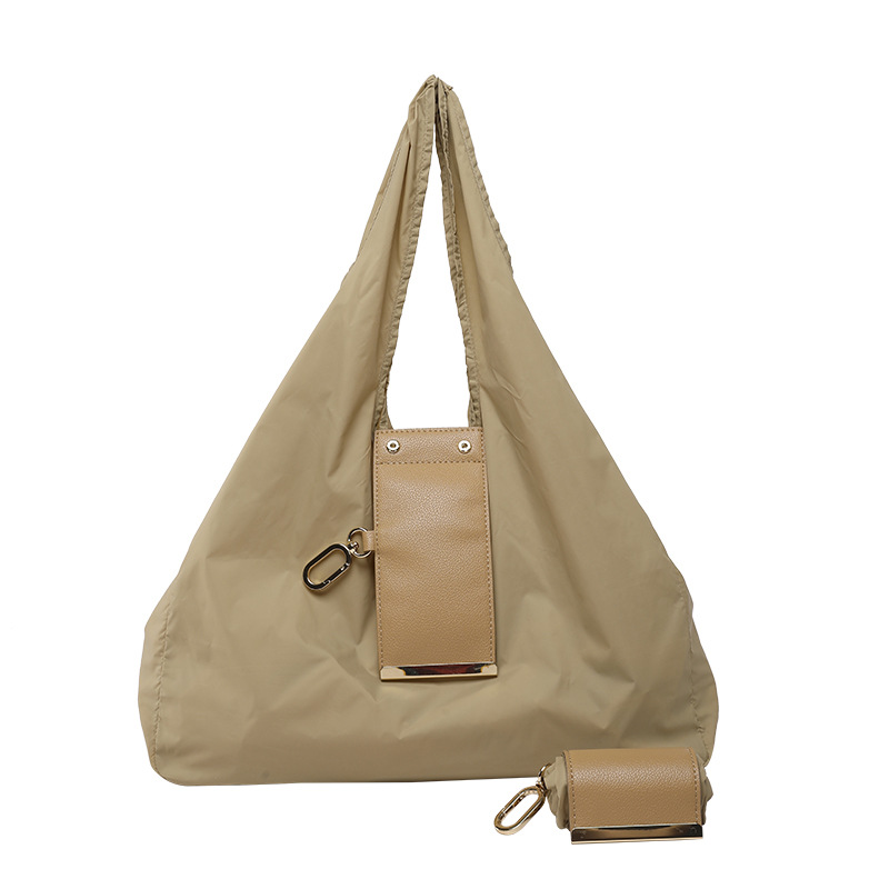khaki Foldable Tote Bag with Built-In Storage Pouch – Compact Reusable Shopping Bag That Packs into Itself, Ideal for Daily Carry and Eco-Friendly Use - Image 1