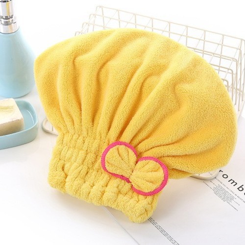3-Pack Yellow Thickened Coral Fleece Hair Drying Towel Cap – Double-Layered Absorbent Turban with Bow Design for Fast Drying and Gentle Care - Image 1