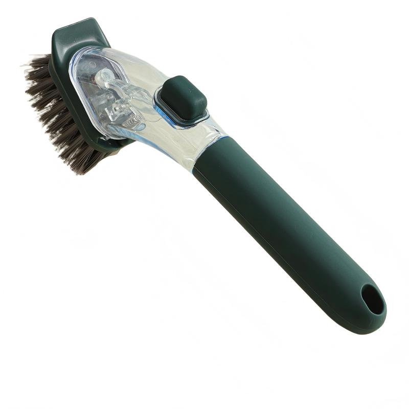 Dark green Long-Handled Liquid Dispensing Pot Scrubber – Multi-Use Kitchen Cleaning Brush with Built-In Detergent Reservoir - Image 1