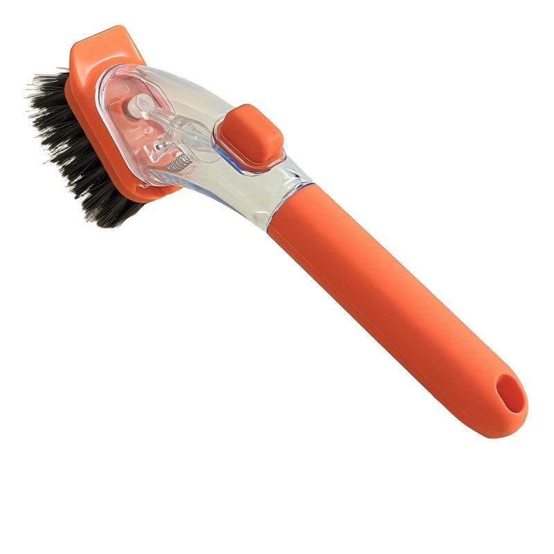 Orange Long-Handled Liquid Dispensing Pot Scrubber – Multi-Use Kitchen Cleaning Brush with Built-In Detergent Reservoir - Image 1
