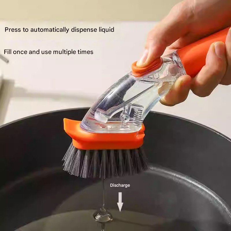 Orange Long-Handled Liquid Dispensing Pot Scrubber – Multi-Use Kitchen Cleaning Brush with Built-In Detergent Reservoir - Image 2