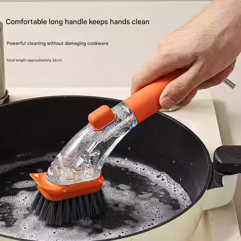 Orange Long-Handled Liquid Dispensing Pot Scrubber – Multi-Use Kitchen Cleaning Brush with Built-In Detergent Reservoir - Image 3