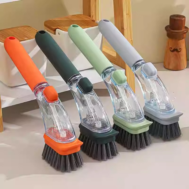 Orange Long-Handled Liquid Dispensing Pot Scrubber – Multi-Use Kitchen Cleaning Brush with Built-In Detergent Reservoir - Image 4