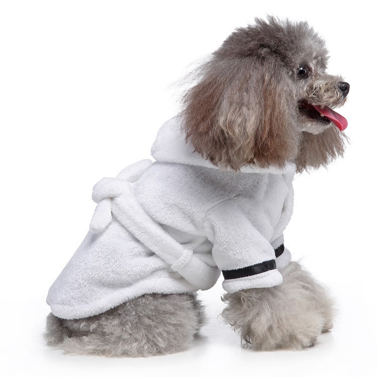 White Cozy Pet Bathrobe Sleepwear – Plush Fleece Dog Robe with Hood and Adjustable Waistband for Small to Medium Breeds(Size:L) - Image 1