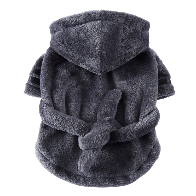 Grey Cozy Pet Bathrobe Sleepwear – Plush Fleece Dog Robe with Hood and Adjustable Waistband for Small to Medium Breeds(Size:L) - Image 1