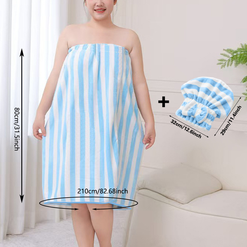 Blue Coral Fleece Bath Skirt with Matching Hair Towel – Soft Absorbent Wrap Dress for Women, Quick-Dry Shower Robe Set with Elastic Waistband and Adjustable Fit - Image 1