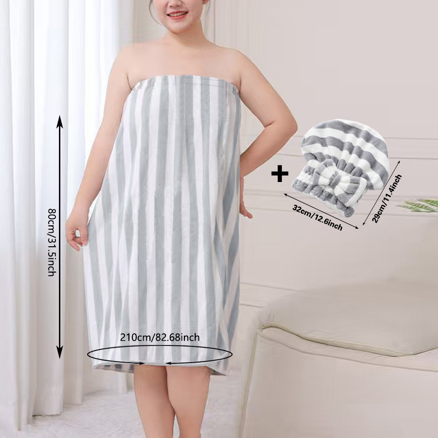Grey Coral Fleece Bath Skirt with Matching Hair Towel – Soft Absorbent Wrap Dress for Women, Quick-Dry Shower Robe Set with Elastic Waistband and Adjustable Fit - Image 1