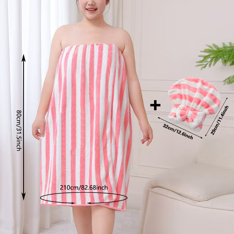 Pink Coral Fleece Bath Skirt with Matching Hair Towel – Soft Absorbent Wrap Dress for Women, Quick-Dry Shower Robe Set with Elastic Waistband and Adjustable Fit - Image 1