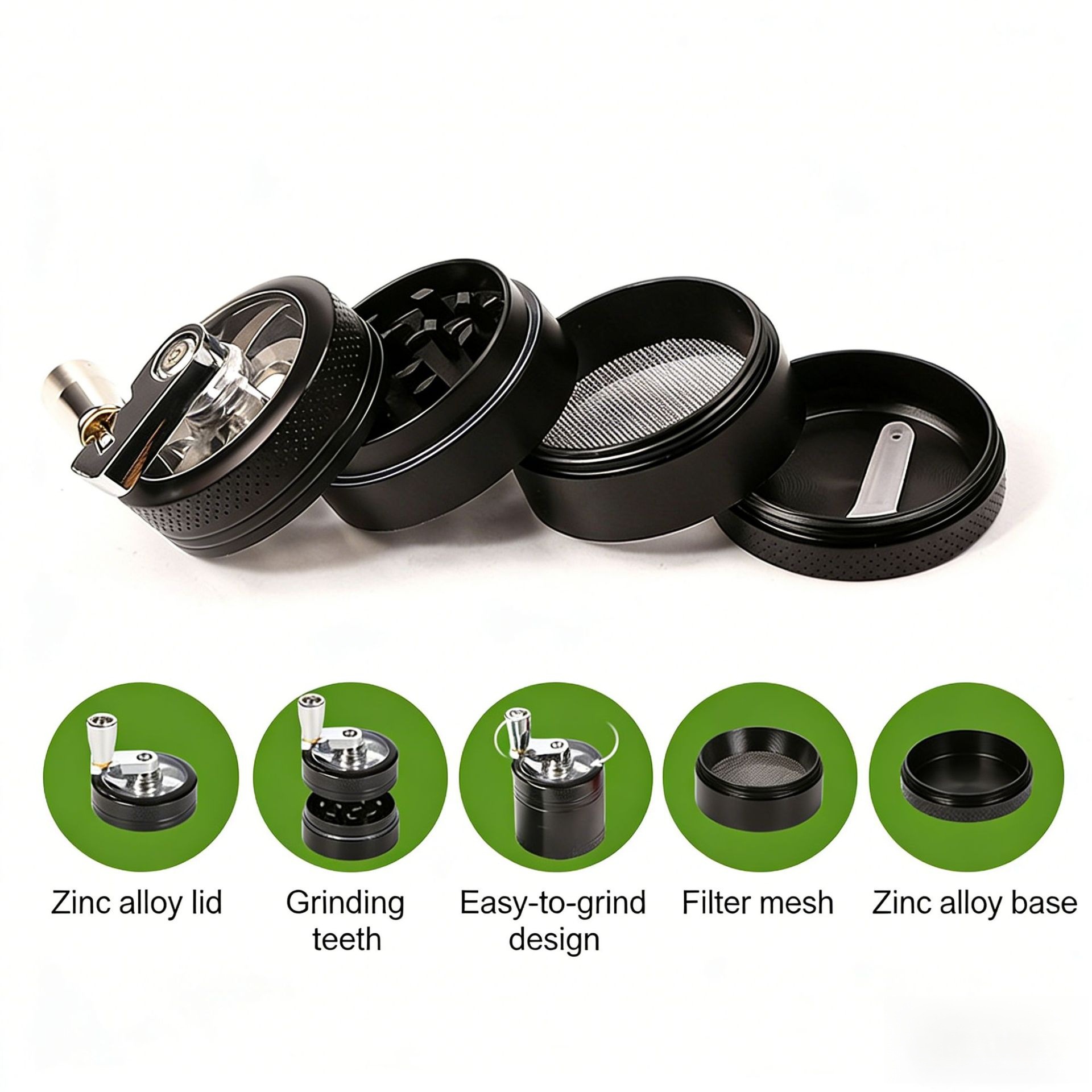 Green 40mm Zinc Alloy 4-Layer Hand-Crank Grinder – Compact Metal Spice & Herb Crusher with Stainless Steel Teeth, Filter Mesh, and Portable Design - Image 2