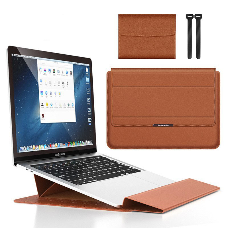 Brown 3-in-1 Laptop Sleeve with Built-In Stand & Wrist Rest – Waterproof PU Protective Case for 13/14 Inch Laptops, Portable and Ergonomic Design - Image 1
