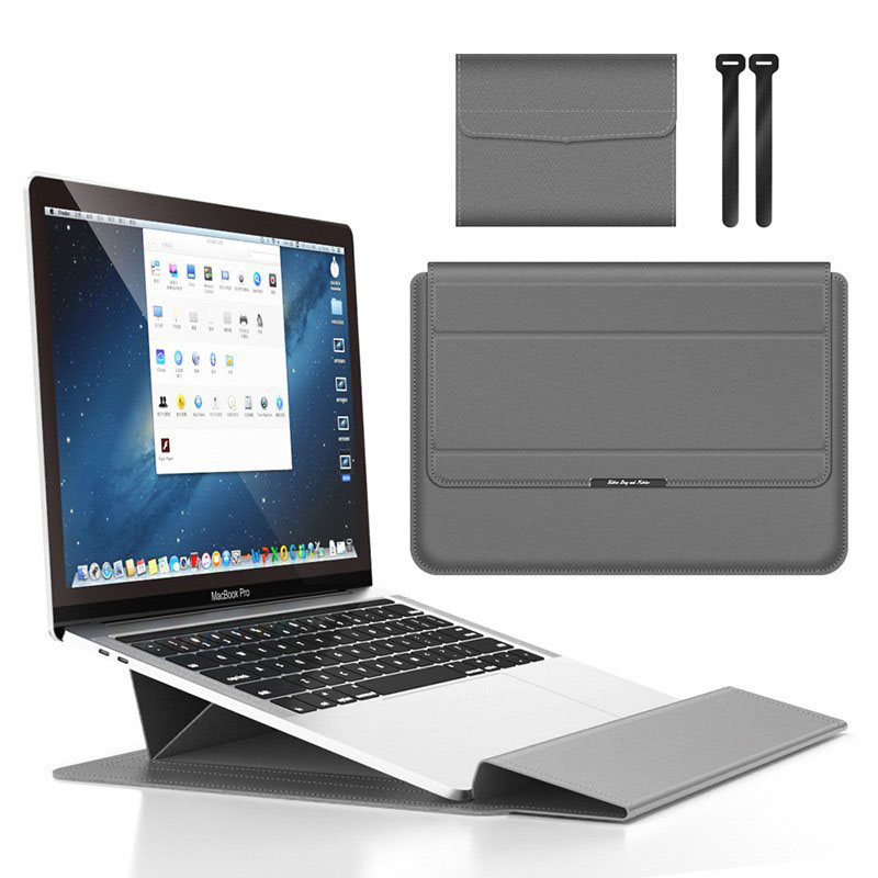 Grey 3-in-1 Laptop Sleeve with Built-In Stand & Wrist Rest – Waterproof PU Protective Case for 13/14 Inch Laptops, Portable and Ergonomic Design - Image 1