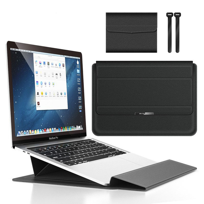 Black 3-in-1 Laptop Sleeve with Built-In Stand & Wrist Rest – Waterproof PU Protective Case for 15/16 Inch Laptops, Portable and Ergonomic Design - Image 1