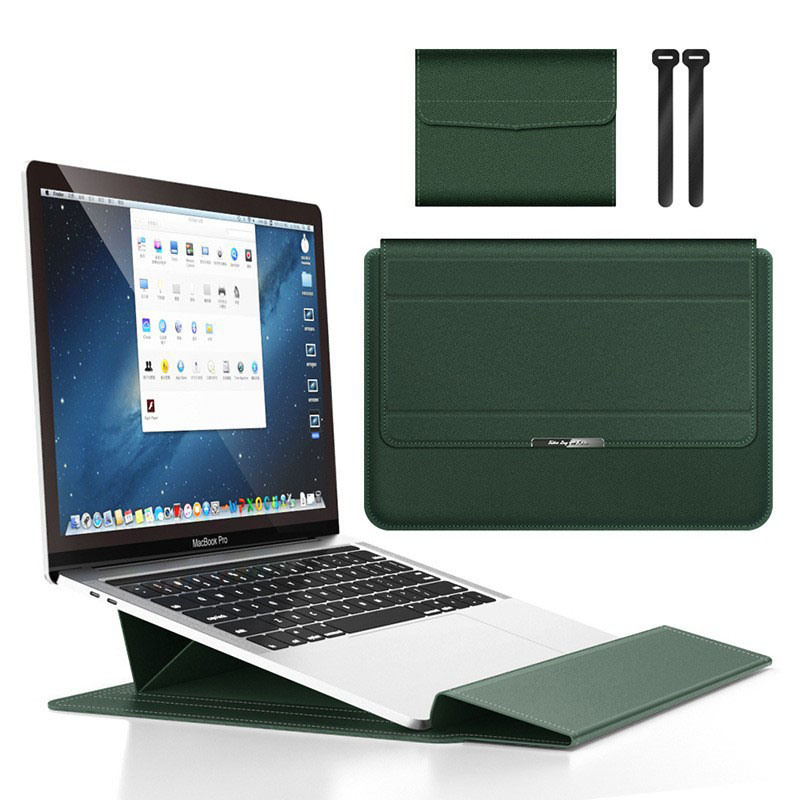 Dark green 3-in-1 Laptop Sleeve with Built-In Stand & Wrist Rest – Waterproof PU Protective Case for 15/16 Inch Laptops, Portable and Ergonomic Design - Image 1