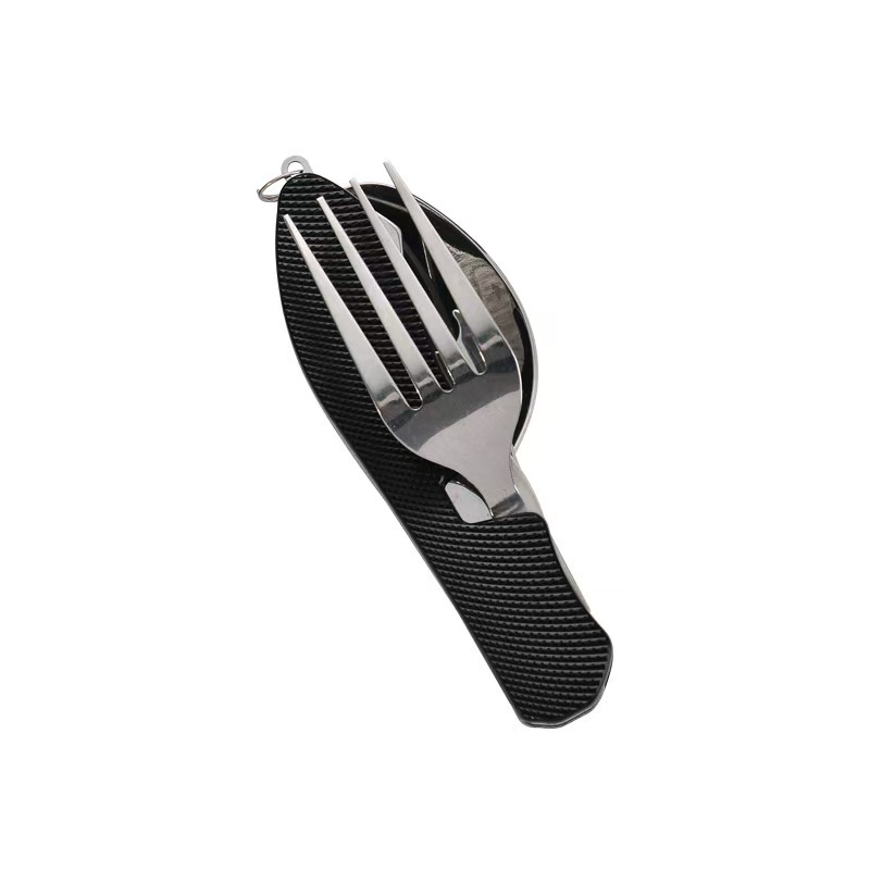 2-PCS Black Stainless Steel Folding Cutlery Set – Compact 3-in-1 Knife, Fork, Spoon with Removable Design for Outdoor Camping, Hiking, Travel, and Picnic Use - Image 1