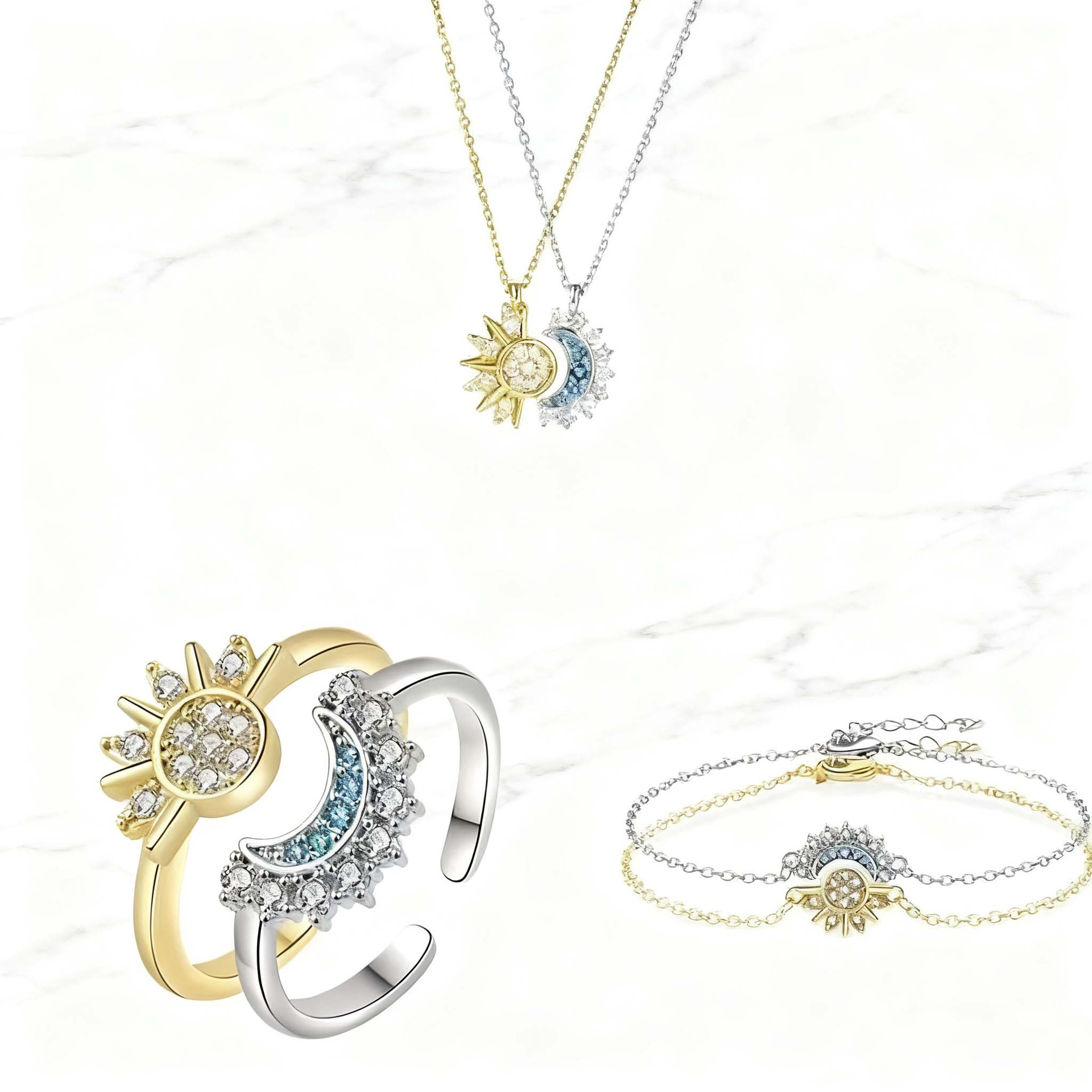 Sun and Moon Friendship Jewelry Set – 6-Piece Matching Ring, Necklace & Bracelet Duo for Best Friends in Gold and Silver Tone with Cubic Zirconia - Image 1
