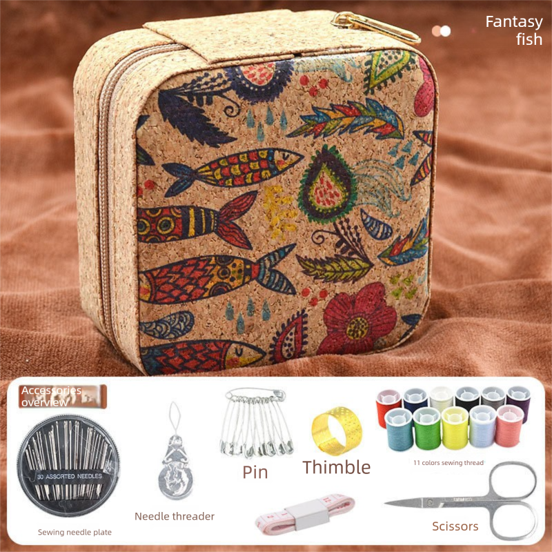 Brown Fantasy Fish Collection Portable Sewing Kit – Compact Travel Set with Needles, Thread, Scissors, Thimble, and Pin Cushion for Home, Dorm, or Emergency Repairs - Image 1