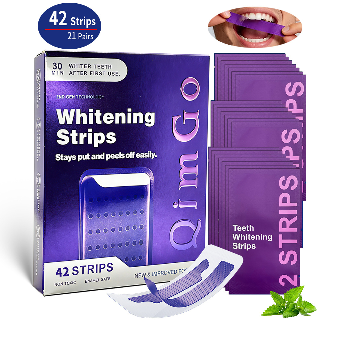 21 Pairs Purple Teeth Whitening Strips – Stain-Removing Film for Brighter Smile, Non-Toxic and Enamel Safe - Image 1