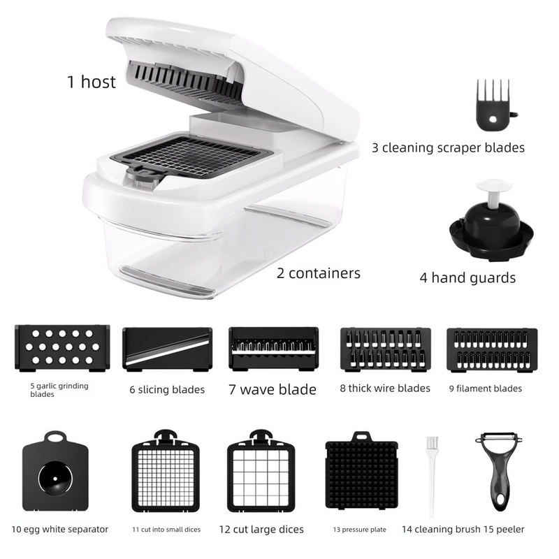 White Multifunctional Vegetable Slicer – Manual Kitchen Cutter with Adjustable Blades for Slicing, Dicing, Shredding, Garlic Grinding, and Egg White Separation - Image 1