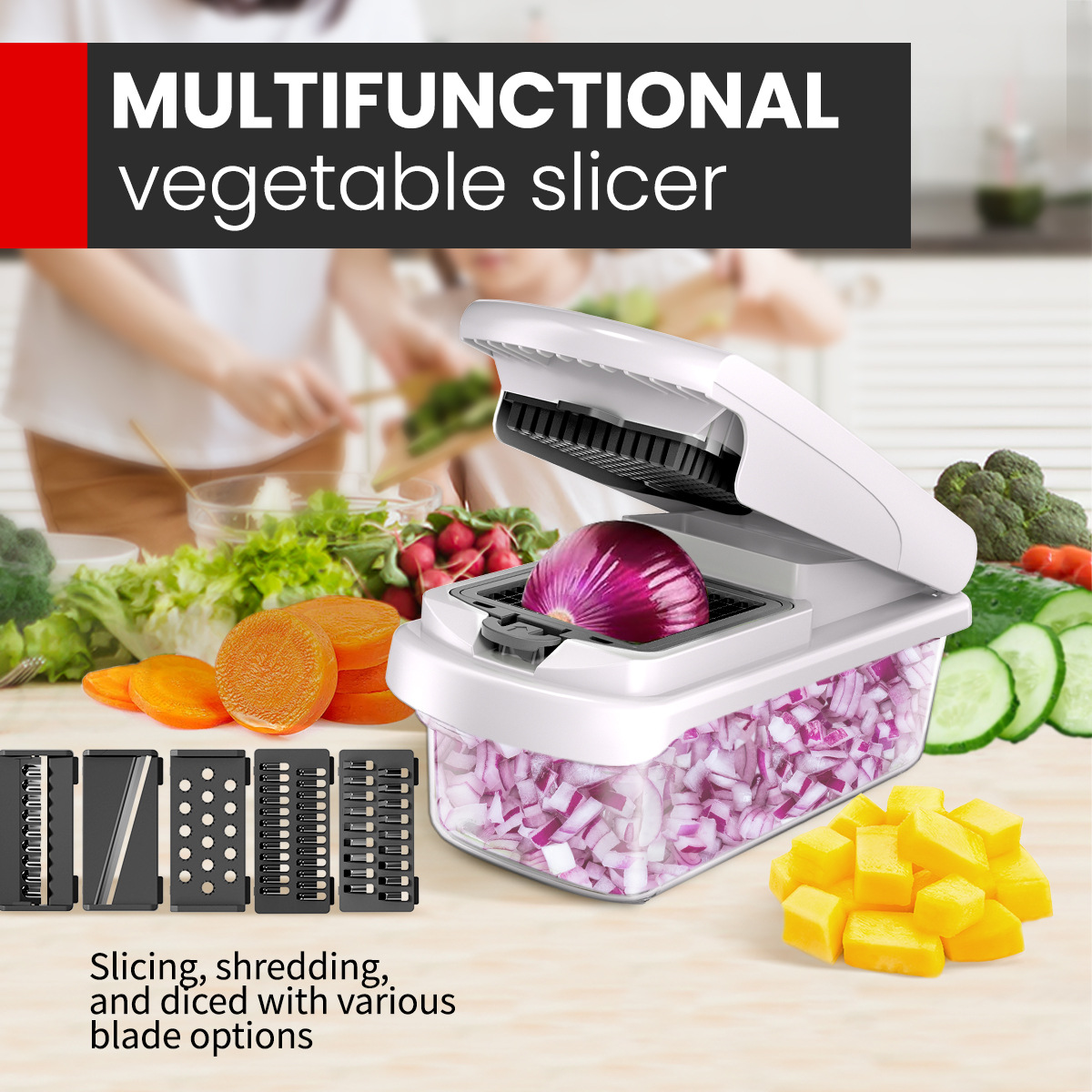 White Multifunctional Vegetable Slicer – Manual Kitchen Cutter with Adjustable Blades for Slicing, Dicing, Shredding, Garlic Grinding, and Egg White Separation - Image 2