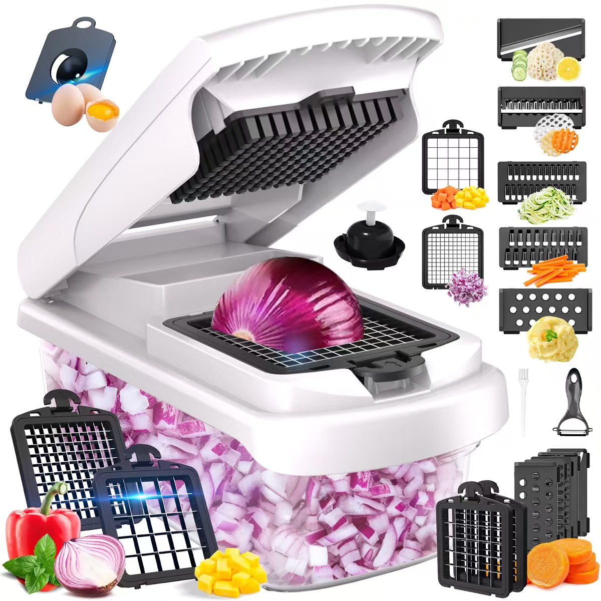 White Multifunctional Vegetable Slicer – Manual Kitchen Cutter with Adjustable Blades for Slicing, Dicing, Shredding, Garlic Grinding, and Egg White Separation - Image 3