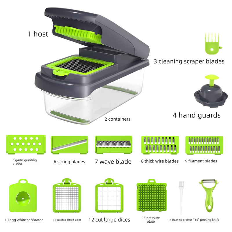 Green Multifunctional Vegetable Slicer – Manual Kitchen Cutter with Adjustable Blades for Slicing, Dicing, Shredding, Garlic Grinding, and Egg White Separation - Image 1